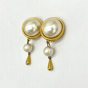 Vintage David Dubin Faux Pearl Drop Earrings Gold Tone‎ Clip On Costume Jewelry